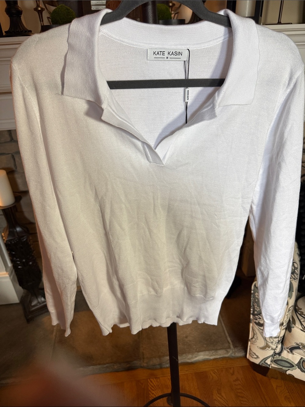 Kate Kasin White Long-Sleeve Polo Knit Top